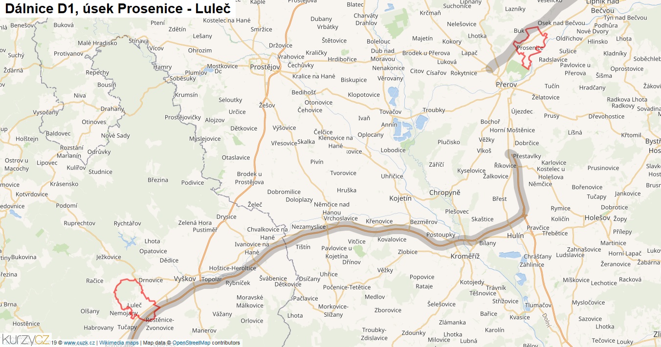 Úsek Prosenice - Luleč, Dálnice D1 - Mapa