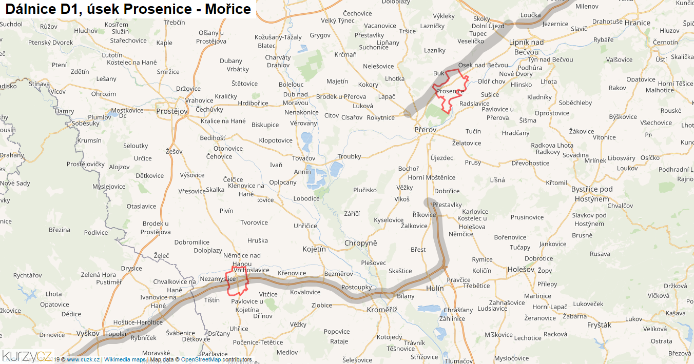Úsek Prosenice - Mořice, Dálnice D1 - Mapa