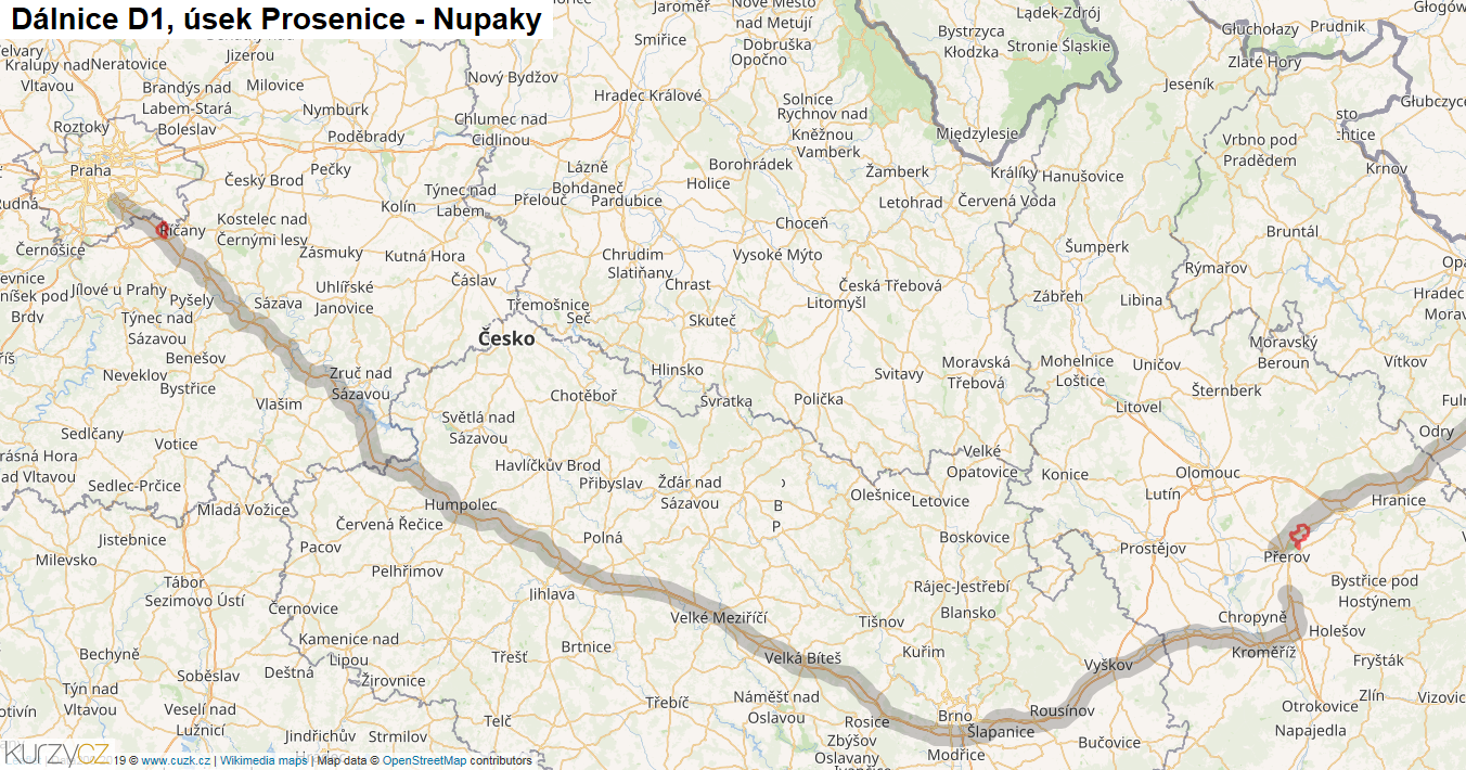 Úsek Prosenice - Nupaky, Dálnice D1 - Mapa