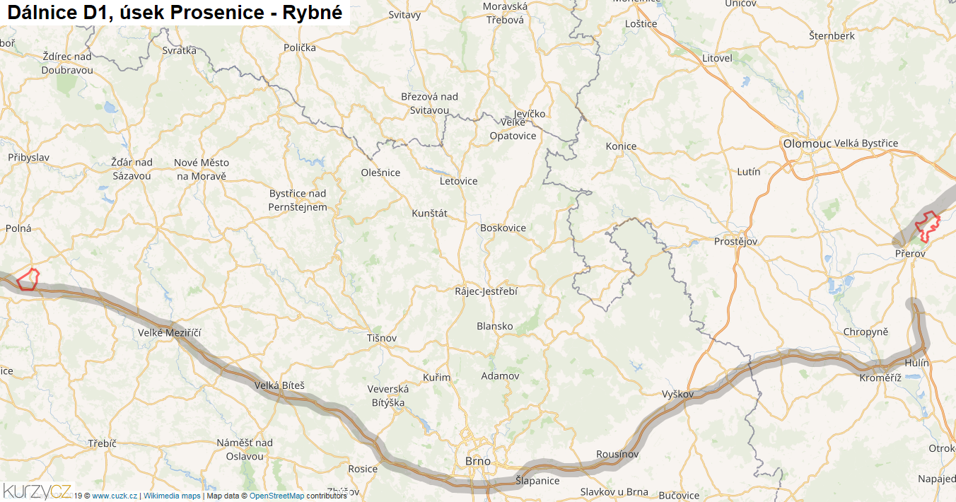 Úsek Prosenice - Rybné, Dálnice D1 - Mapa