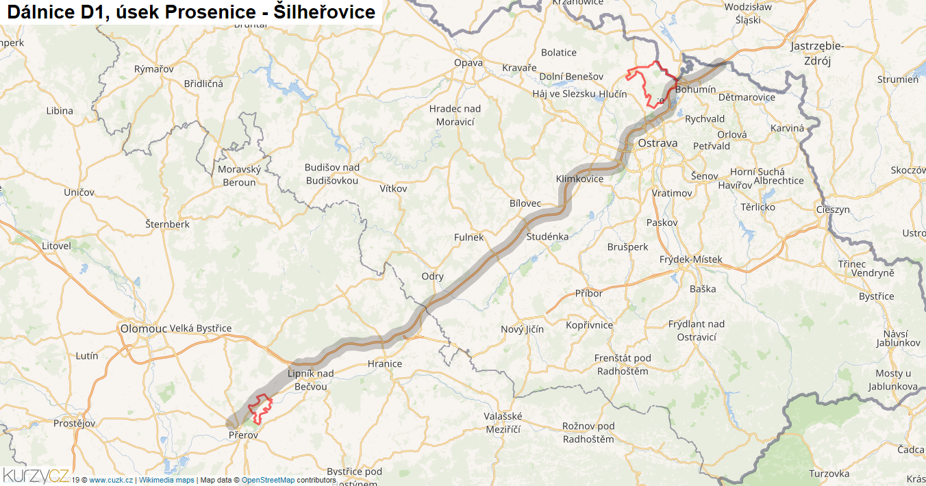 Úsek Prosenice - Šilheřovice, Dálnice D1 - Mapa
