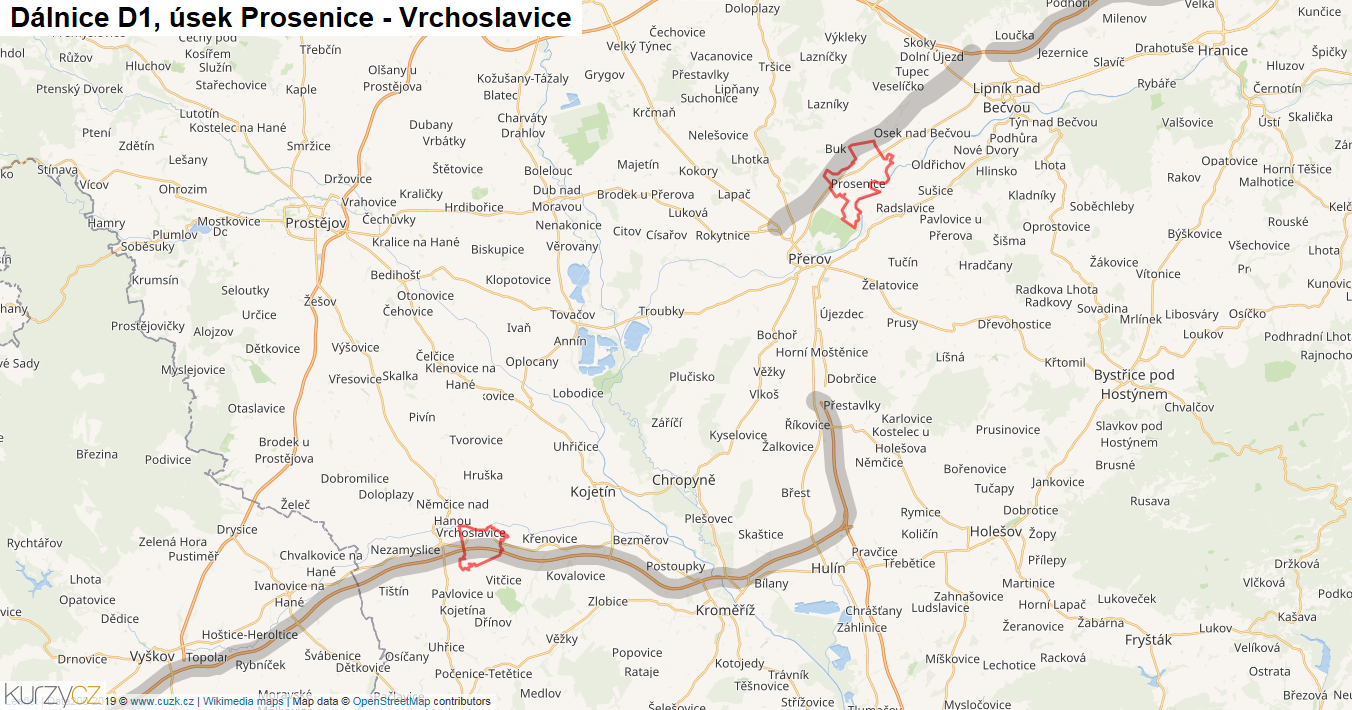 Úsek Prosenice - Vrchoslavice, Dálnice D1 - Mapa