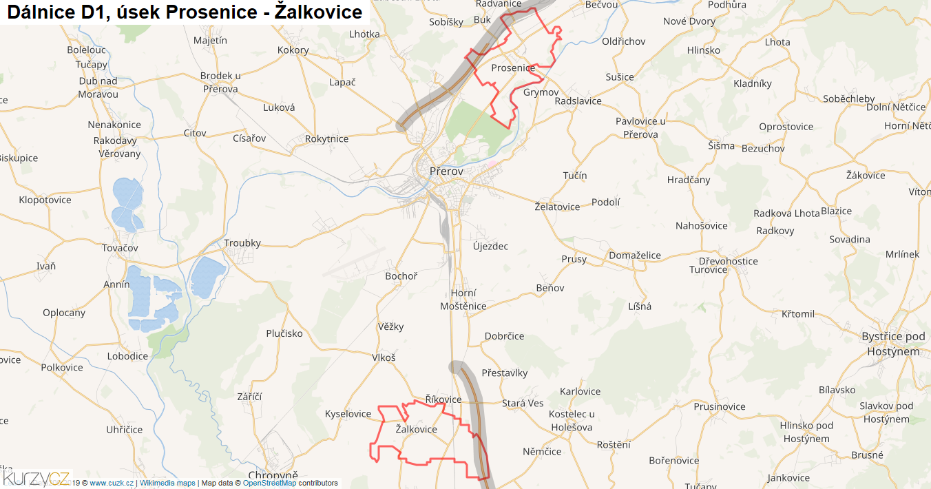 Úsek Prosenice - Žalkovice, Dálnice D1 - Mapa