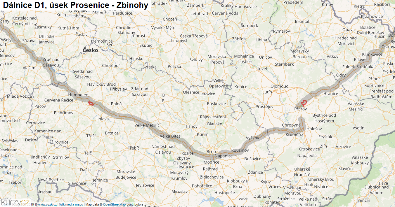 Úsek Prosenice - Zbinohy, Dálnice D1 - Mapa
