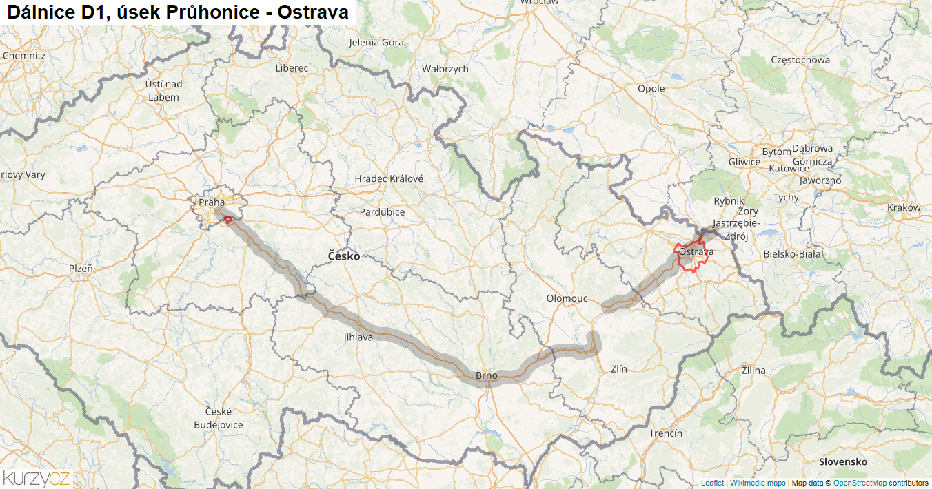 Úsek Průhonice - Ostrava, Dálnice D1 - Mapa