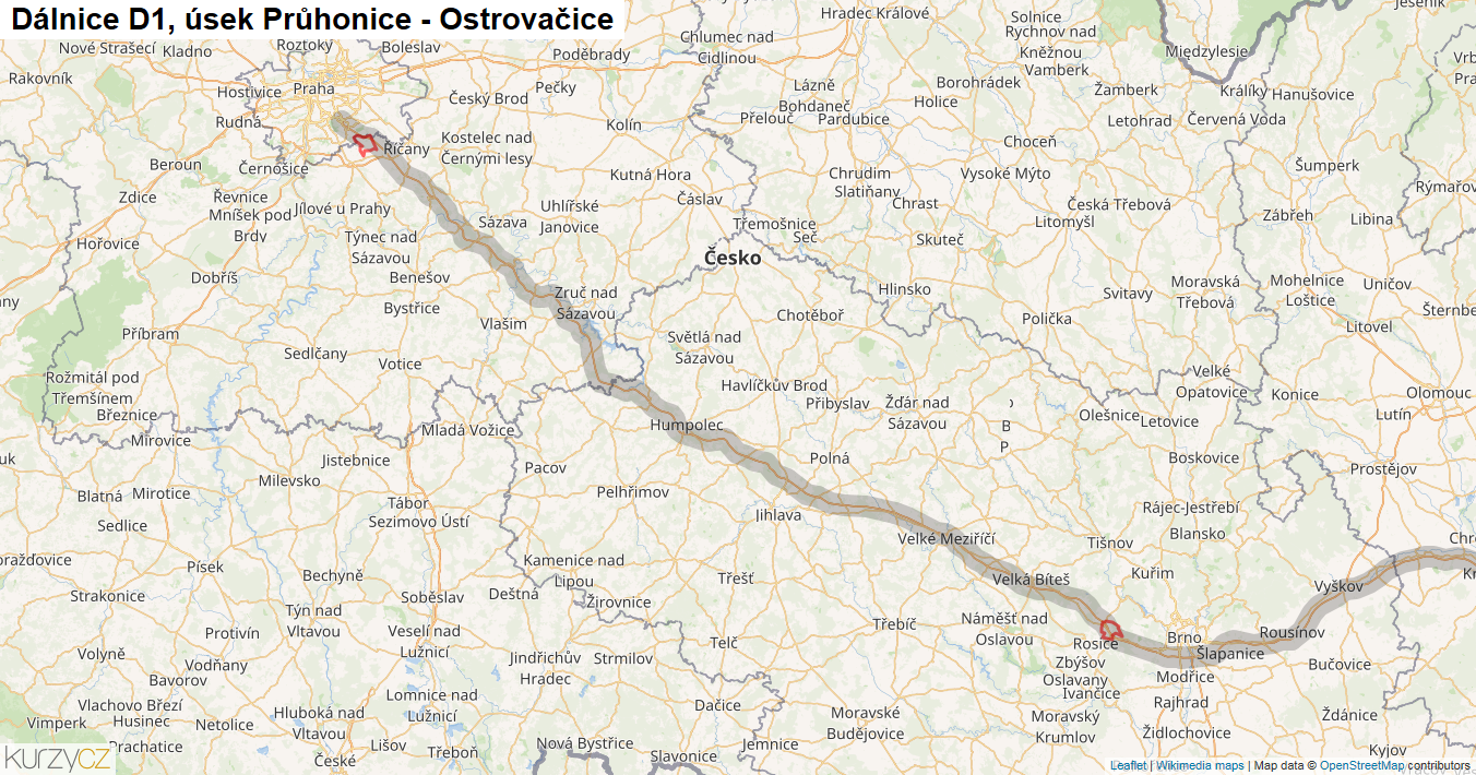 Úsek Průhonice - Ostrovačice, Dálnice D1 - Mapa
