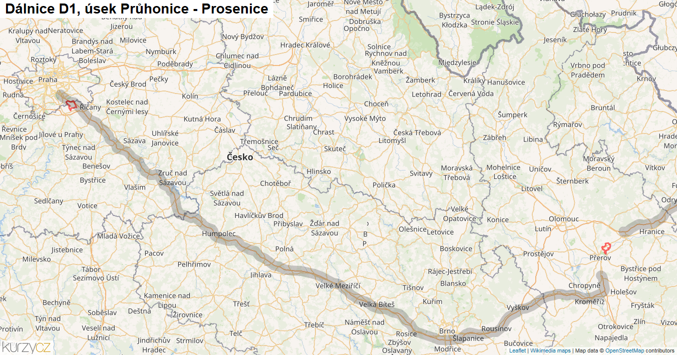 Úsek Průhonice - Prosenice, Dálnice D1 - Mapa