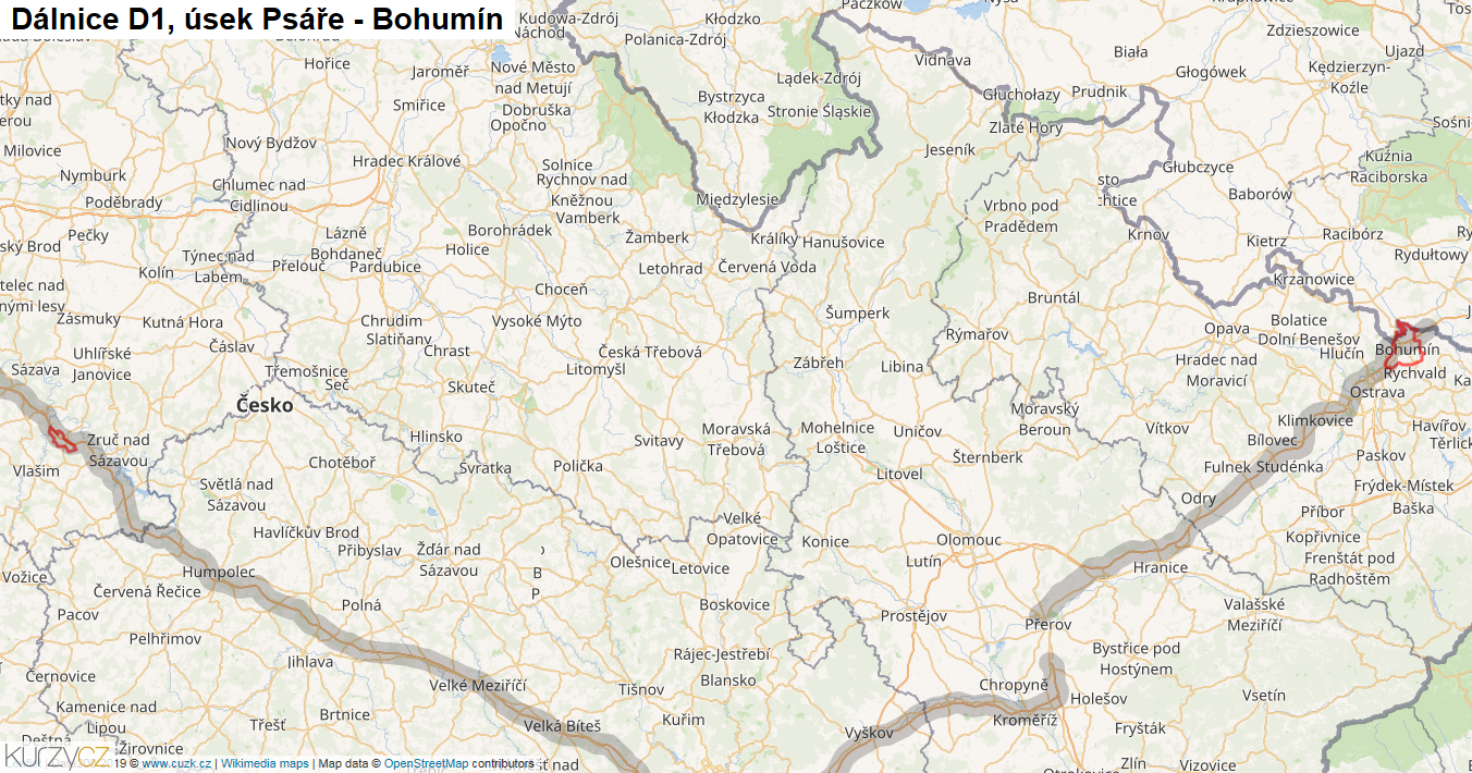 Úsek Psáře - Bohumín, Dálnice D1 - Mapa