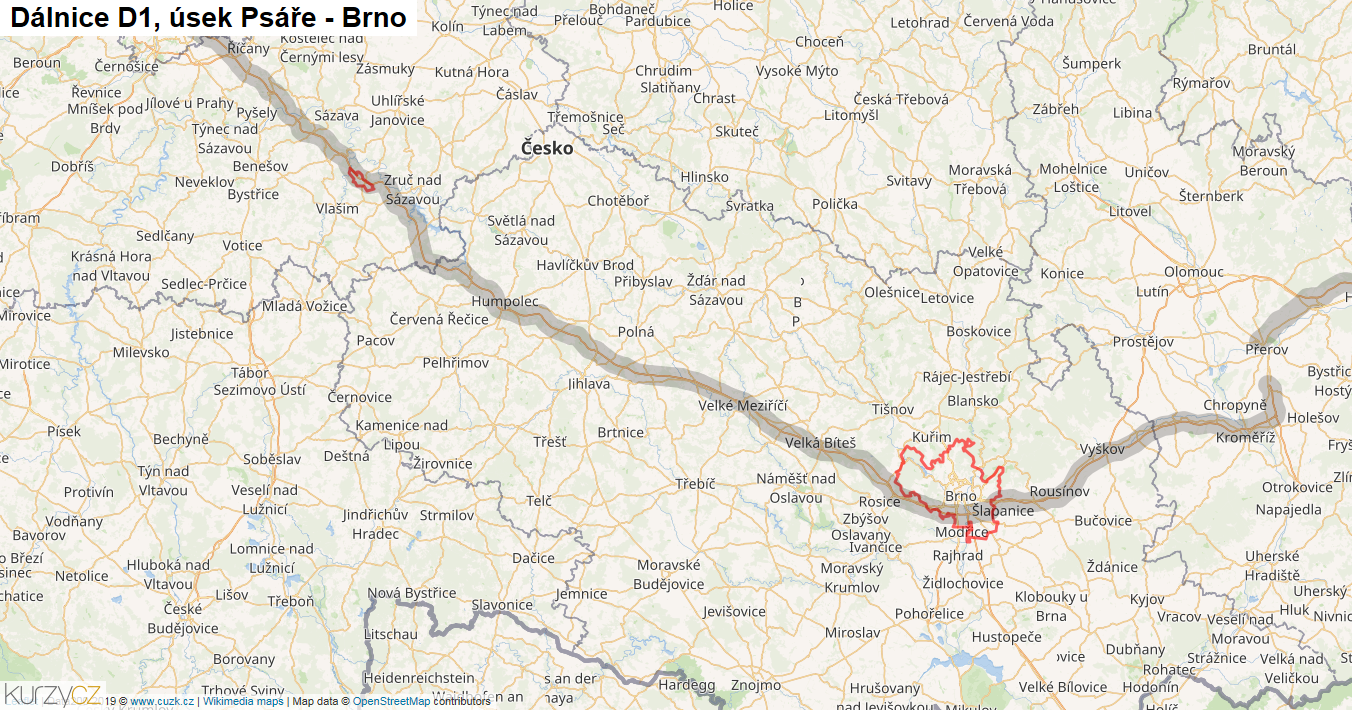 Úsek Psáře - Brno, Dálnice D1 - Mapa