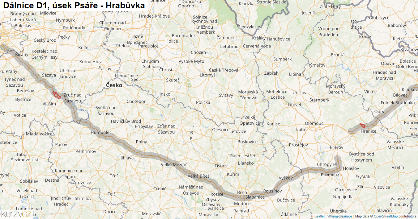 Úsek Psáře - Hrabůvka, Dálnice D1 - Mapa