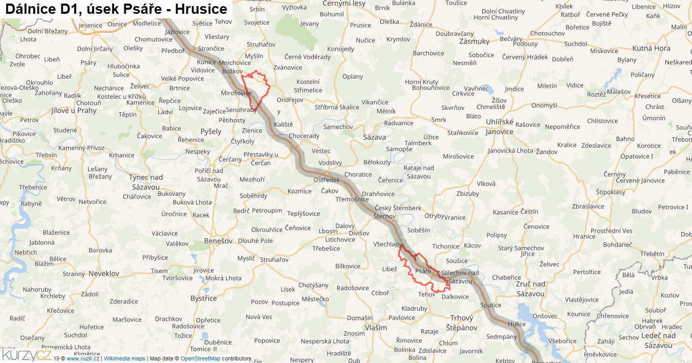 Úsek Psáře - Hrusice, Dálnice D1 - Mapa