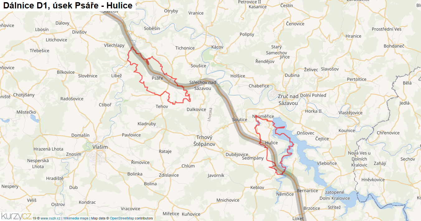Úsek Psáře - Hulice, Dálnice D1 - Mapa