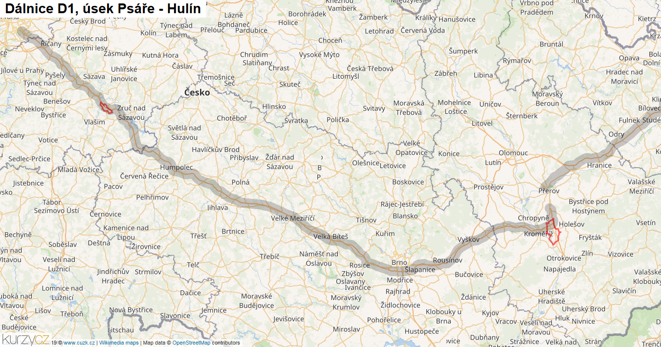Úsek Psáře - Hulín, Dálnice D1 - Mapa