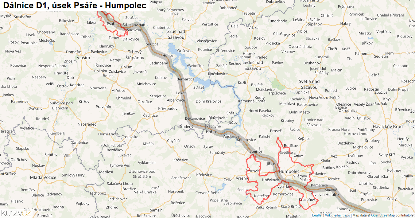 Úsek Psáře - Humpolec, Dálnice D1 - Mapa