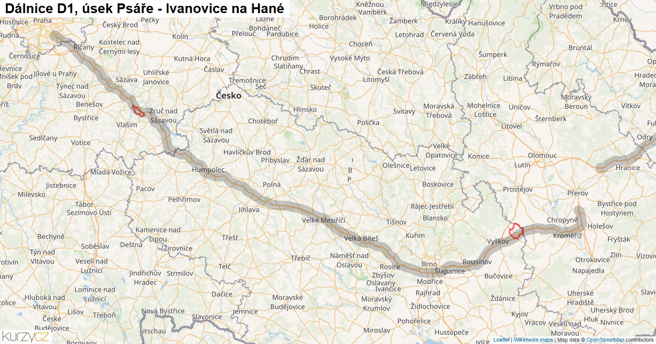 Úsek Psáře - Ivanovice na Hané, Dálnice D1 - Mapa