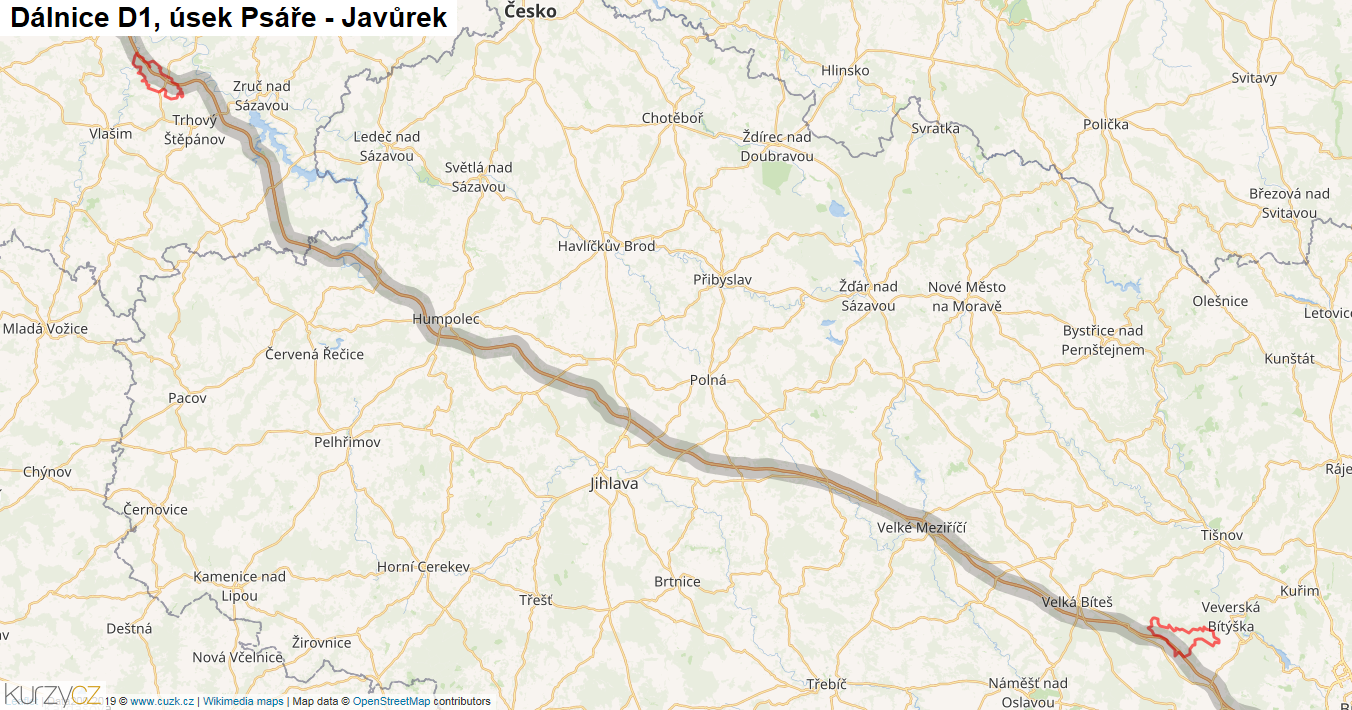 Úsek Psáře - Javůrek, Dálnice D1 - Mapa