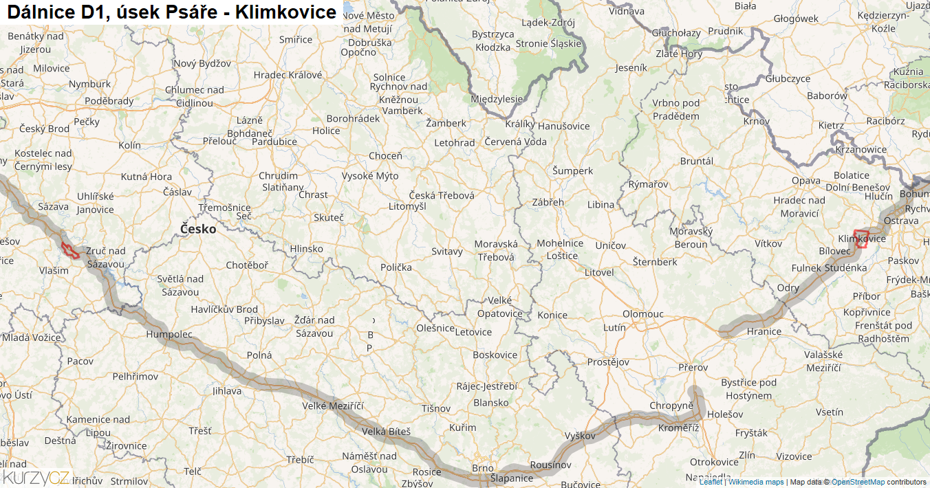 Úsek Psáře - Klimkovice, Dálnice D1 - Mapa
