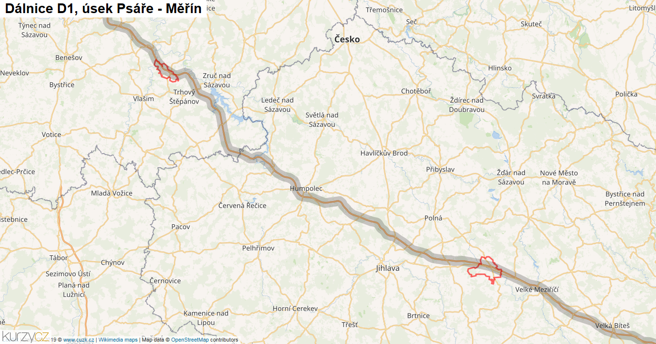 Úsek Psáře - Měřín, Dálnice D1 - Mapa