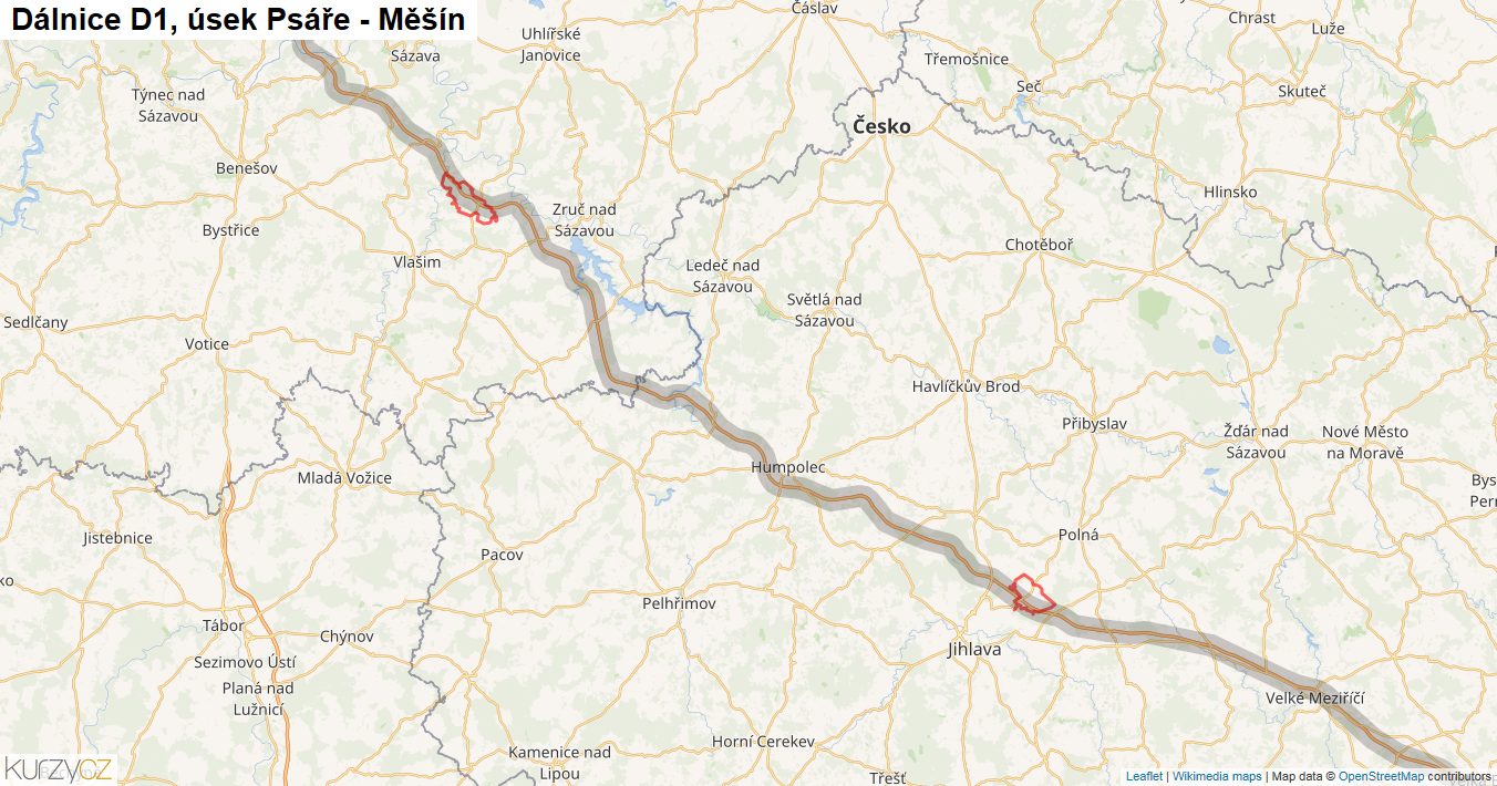 Úsek Psáře - Měšín, Dálnice D1 - Mapa