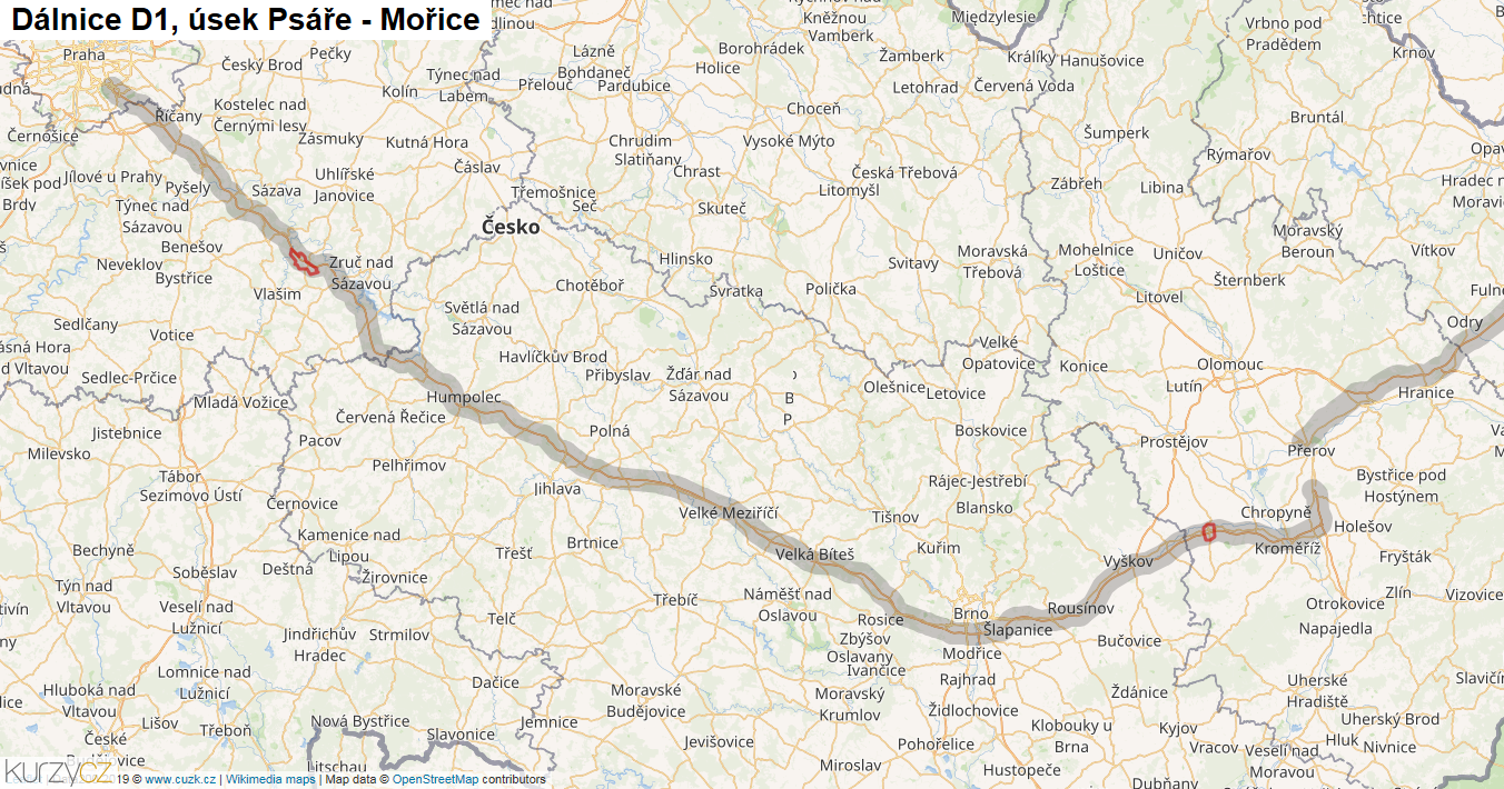 Úsek Psáře - Mořice, Dálnice D1 - Mapa