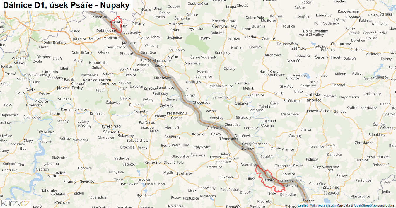 Úsek Psáře - Nupaky, Dálnice D1 - Mapa