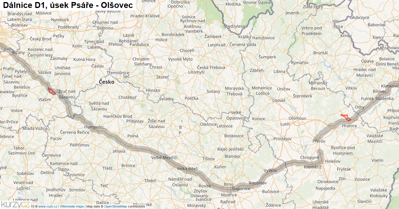 Úsek Psáře - Olšovec, Dálnice D1 - Mapa
