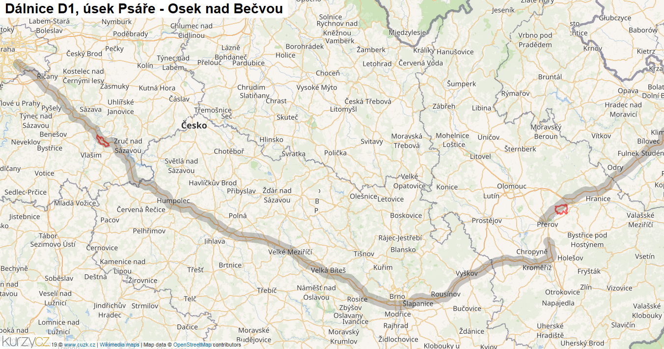 Úsek Psáře - Osek nad Bečvou, Dálnice D1 - Mapa