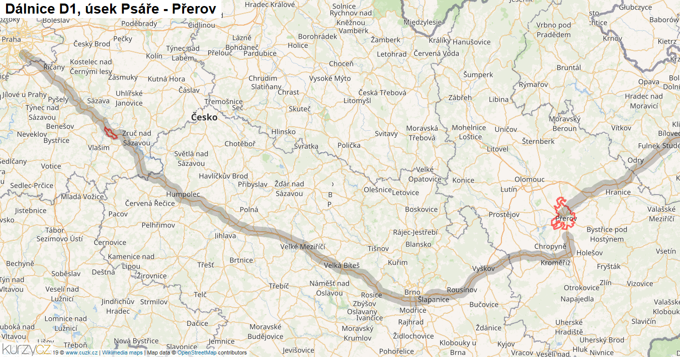 Úsek Psáře - Přerov, Dálnice D1 - Mapa
