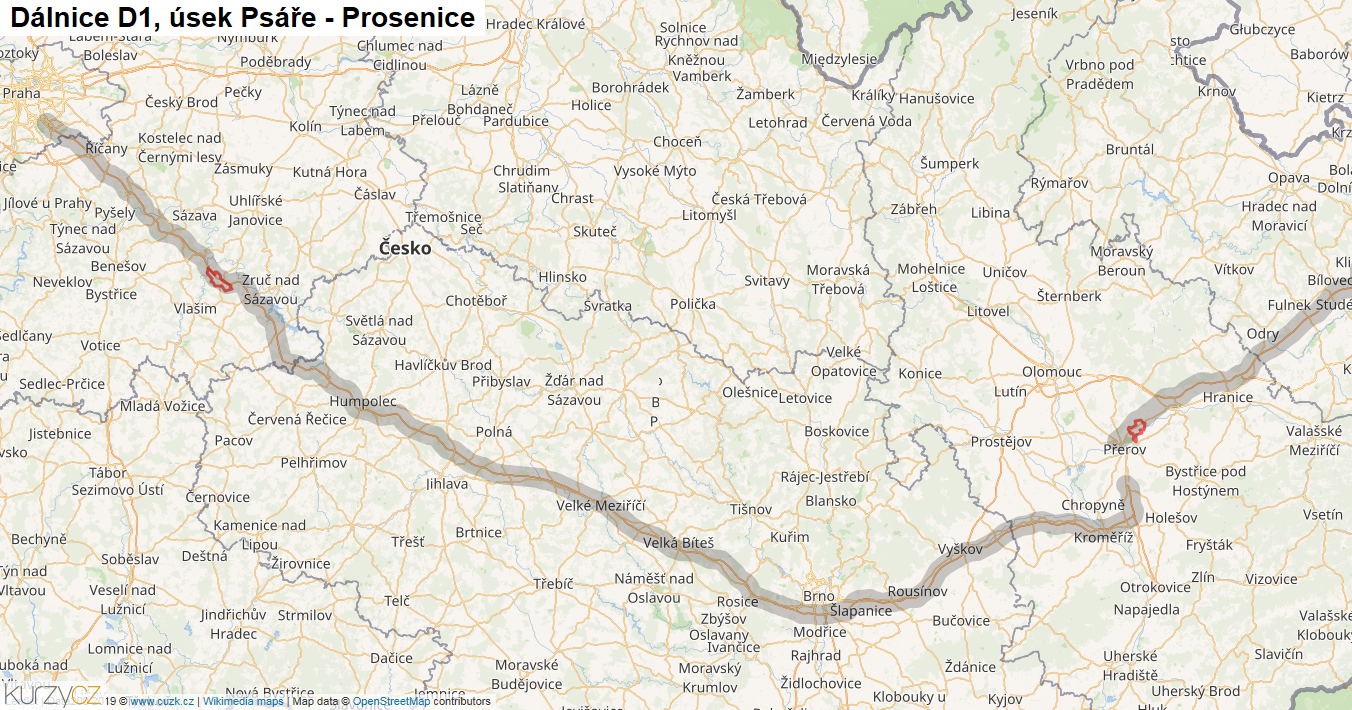 Úsek Psáře - Prosenice, Dálnice D1 - Mapa