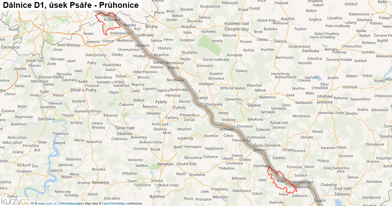 Úsek Psáře - Průhonice, Dálnice D1 - Mapa