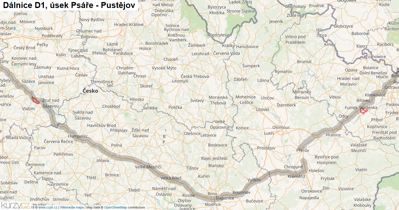 Úsek Psáře - Pustějov, Dálnice D1 - Mapa