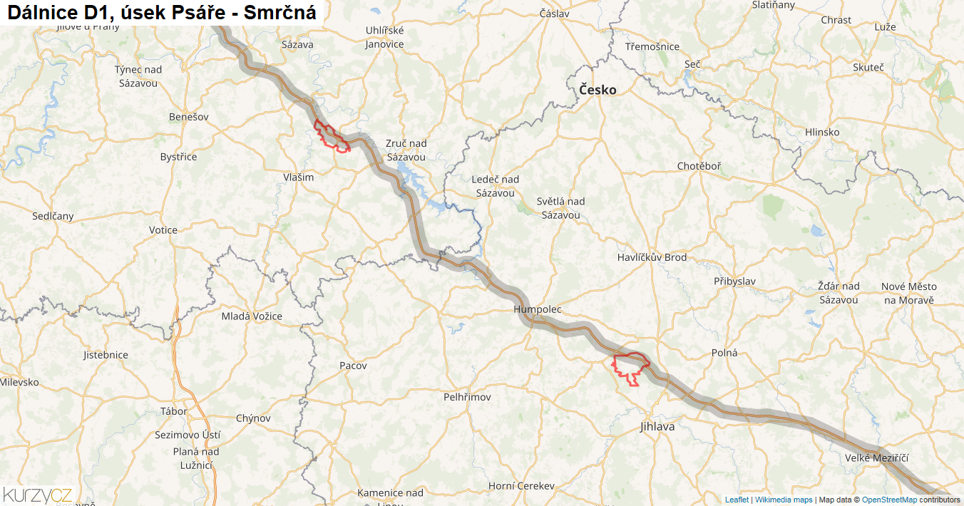 Úsek Psáře - Smrčná, Dálnice D1 - Mapa
