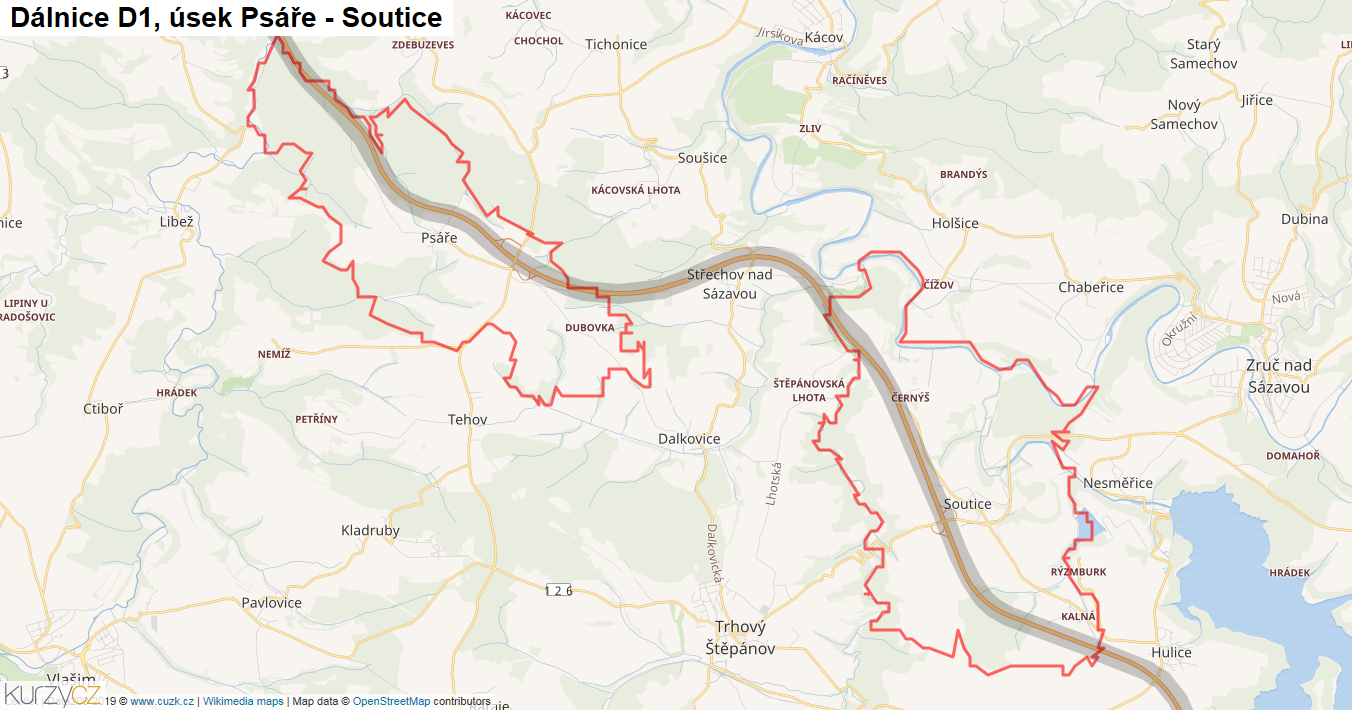 Úsek Psáře - Soutice, Dálnice D1 - Mapa