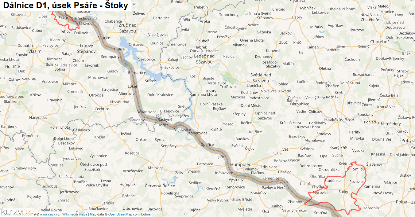 Úsek Psáře - Štoky, Dálnice D1 - Mapa