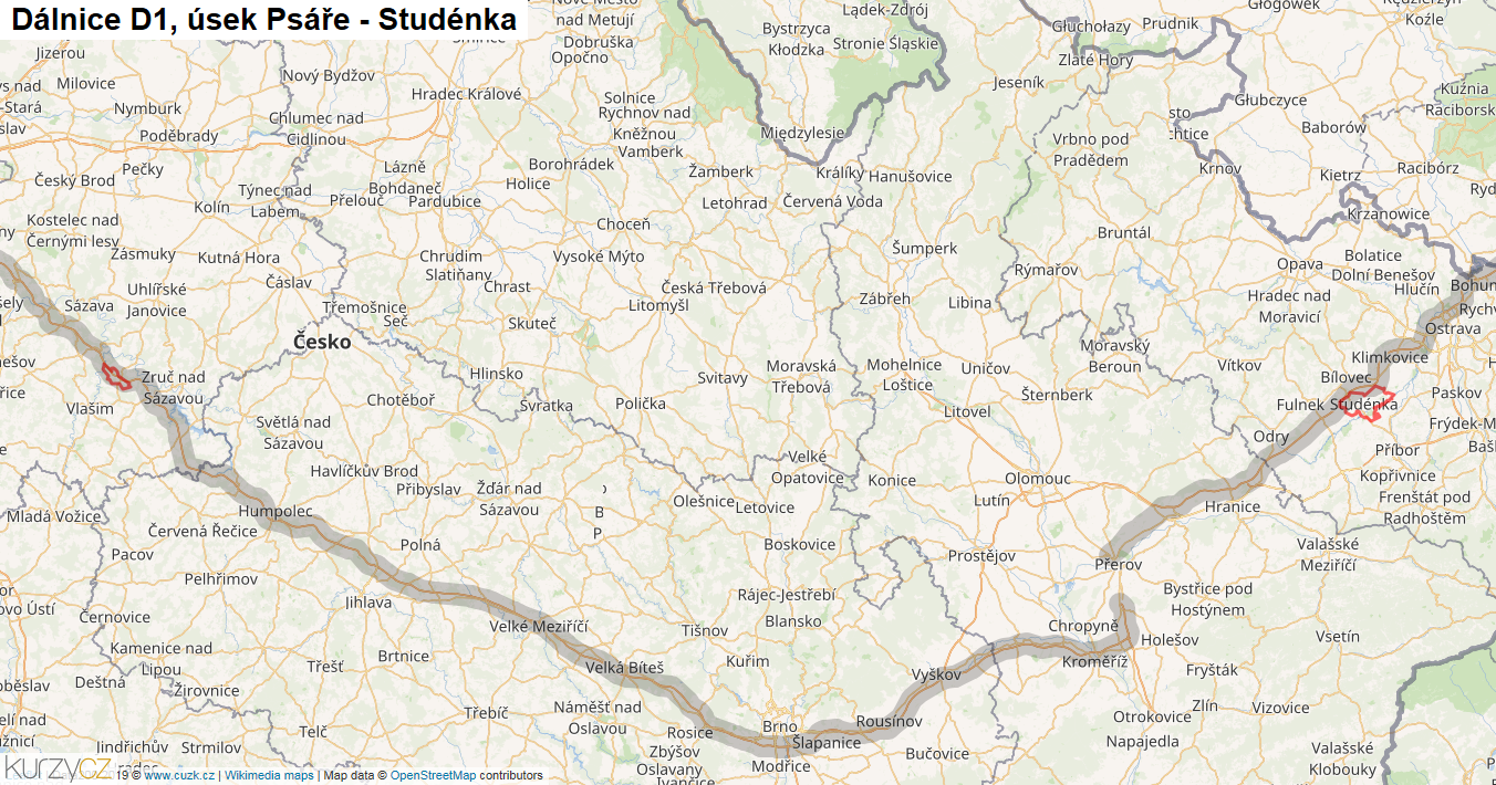 Úsek Psáře - Studénka, Dálnice D1 - Mapa