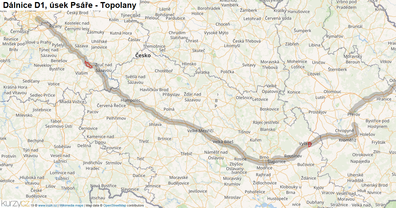 Úsek Psáře - Topolany, Dálnice D1 - Mapa