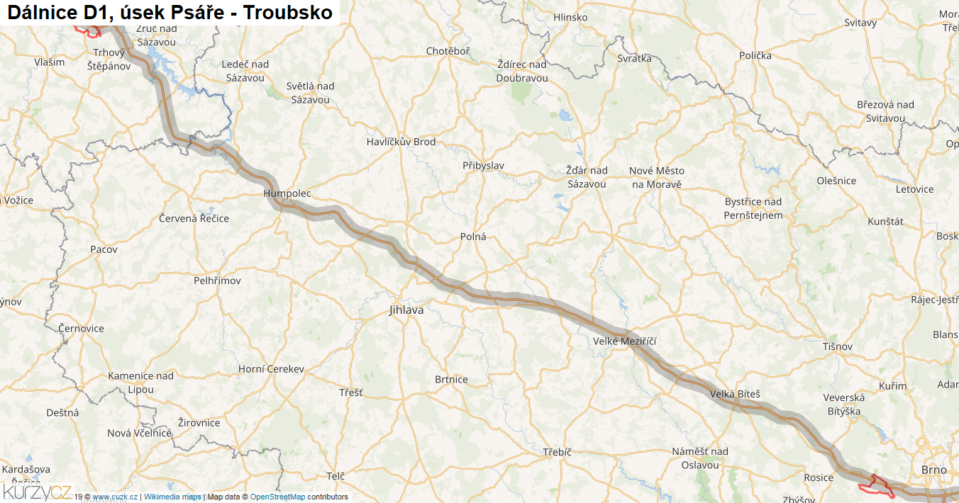 Úsek Psáře - Troubsko, Dálnice D1 - Mapa