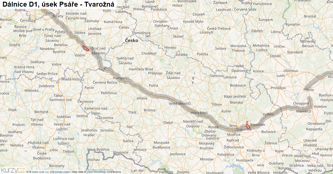 Úsek Psáře - Tvarožná, Dálnice D1 - Mapa