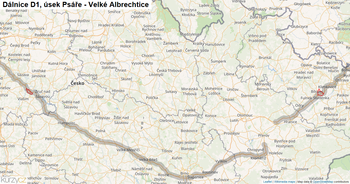 Úsek Psáře - Velké Albrechtice, Dálnice D1 - Mapa