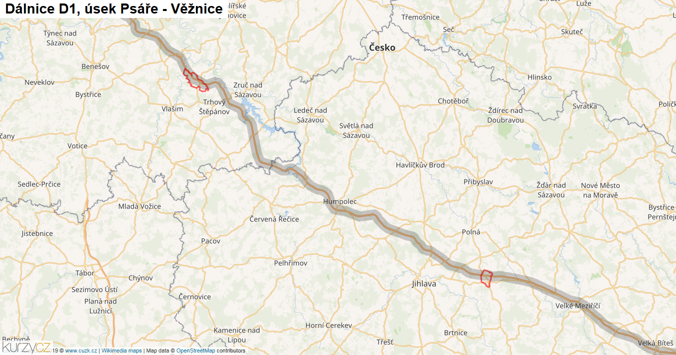 Úsek Psáře - Věžnice, Dálnice D1 - Mapa
