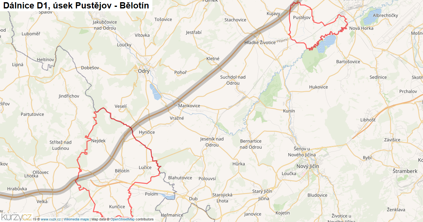 Úsek Pustějov - Bělotín, Dálnice D1 - Mapa