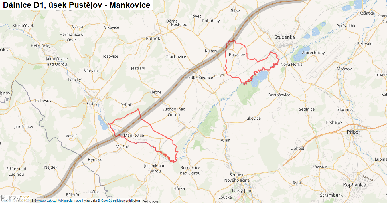 Úsek Pustějov - Mankovice, Dálnice D1 - Mapa