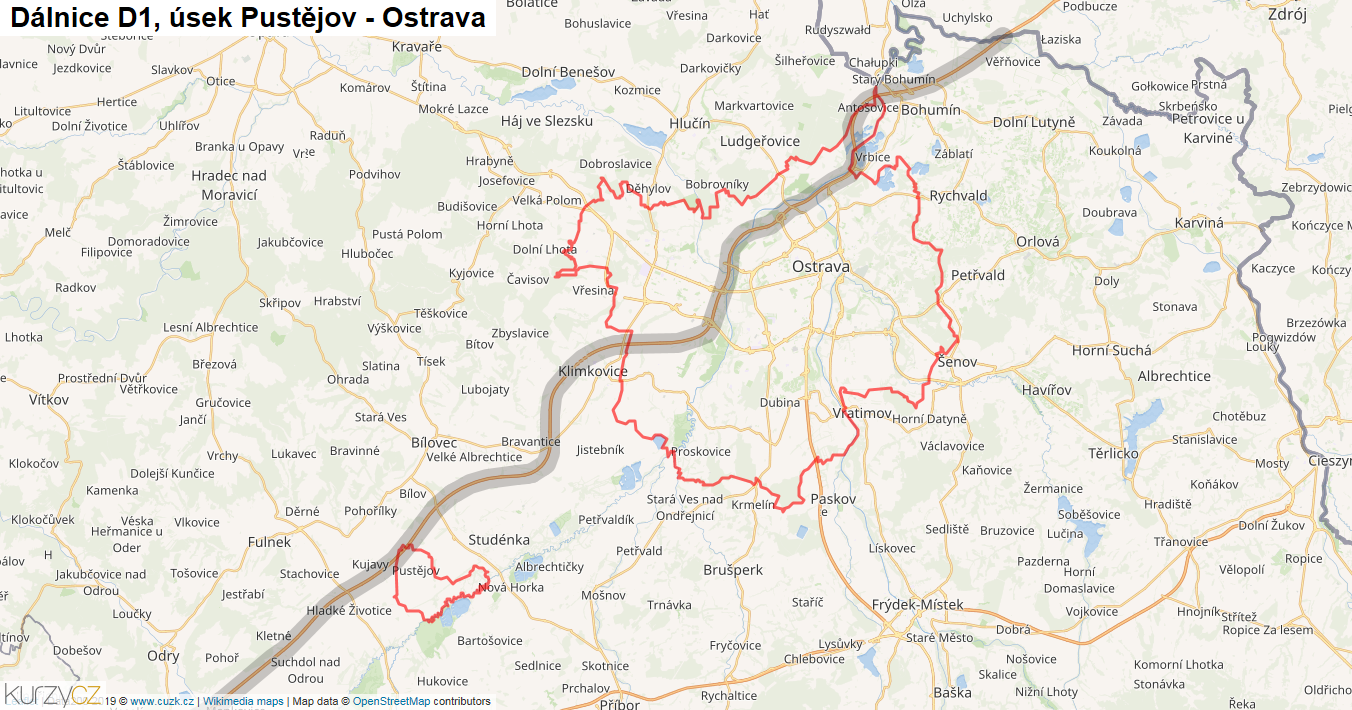 Úsek Pustějov - Ostrava, Dálnice D1 - Mapa