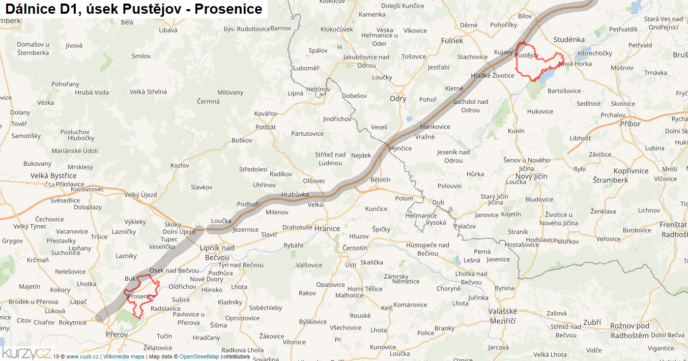 Úsek Pustějov - Prosenice, Dálnice D1 - Mapa