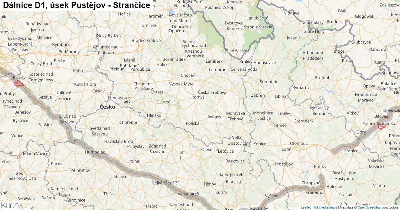 Úsek Pustějov - Strančice, Dálnice D1 - Mapa