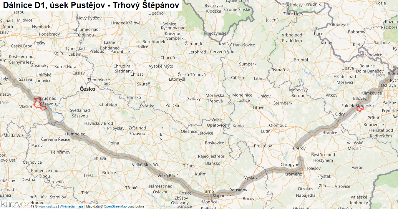 Úsek Pustějov - Trhový Štěpánov, Dálnice D1 - Mapa