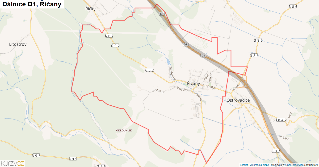 Říčany, Dálnice D1 - Mapa