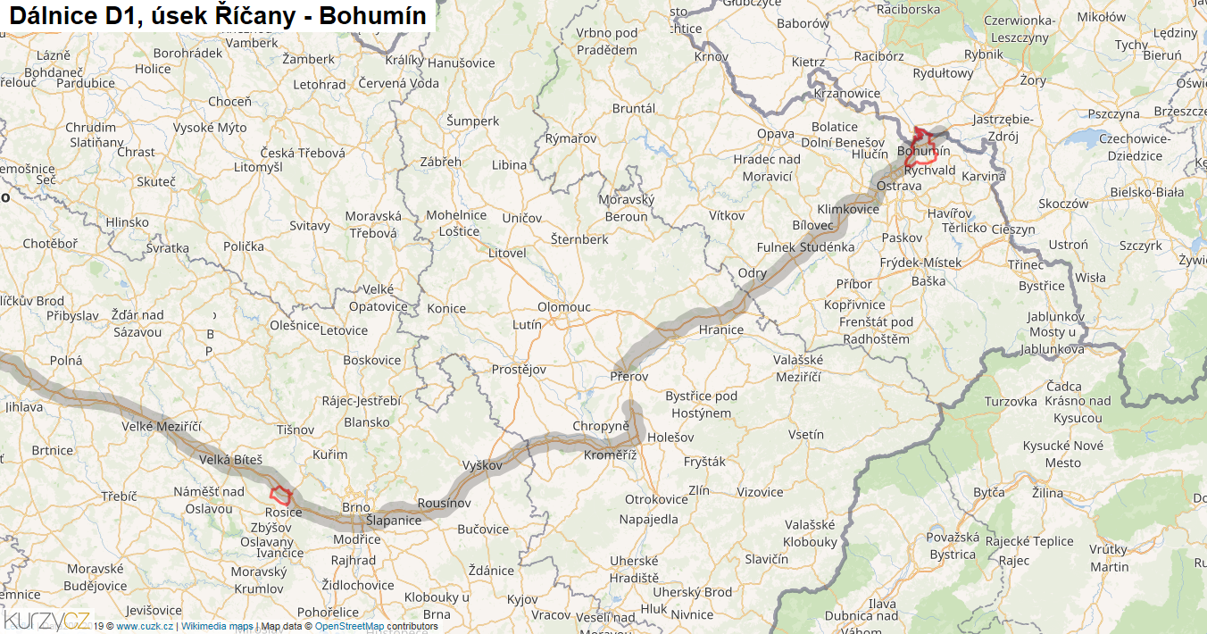 Úsek Říčany - Bohumín, Dálnice D1 - Mapa