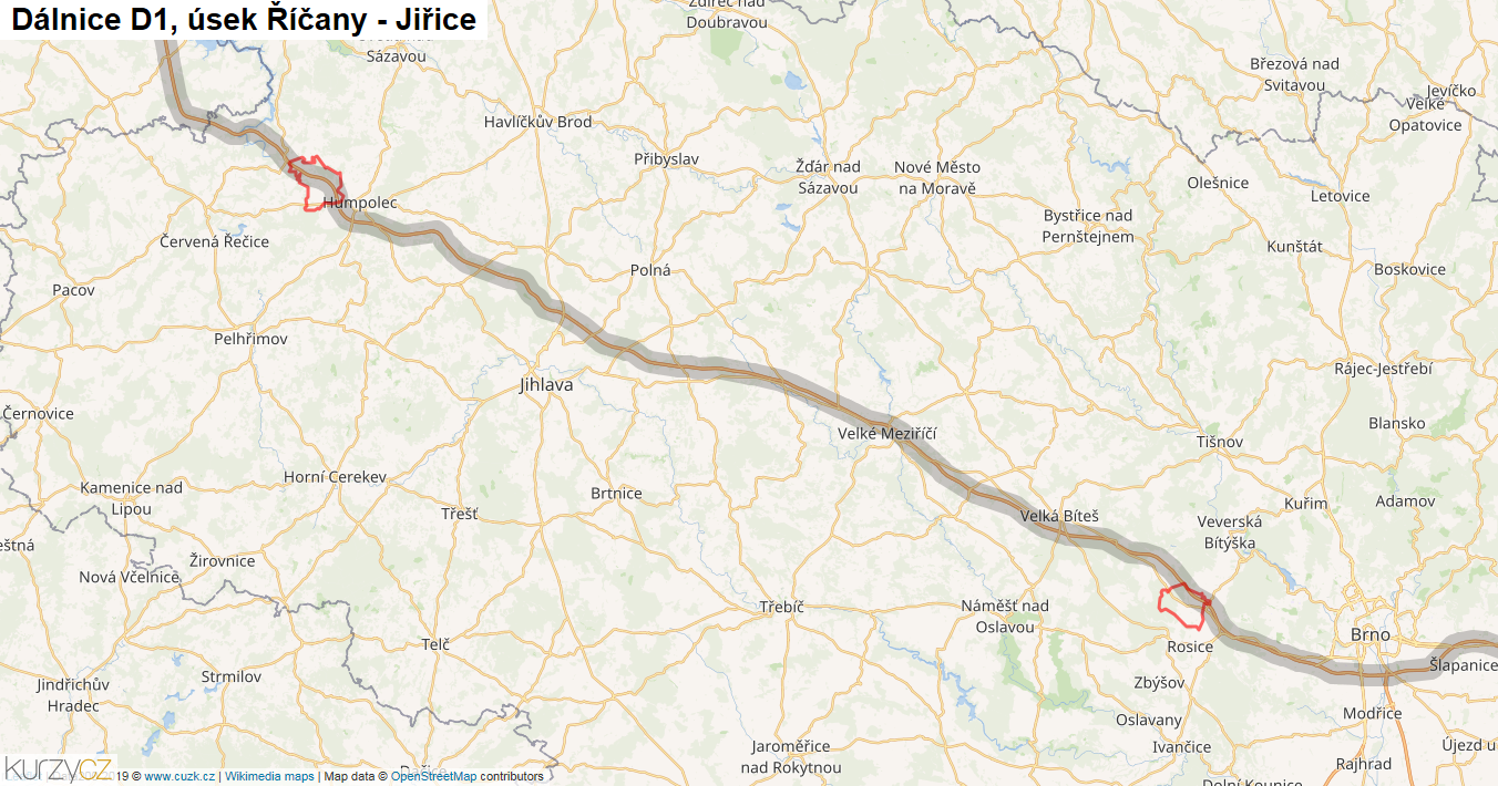 Úsek Říčany - Jiřice, Dálnice D1 - Mapa