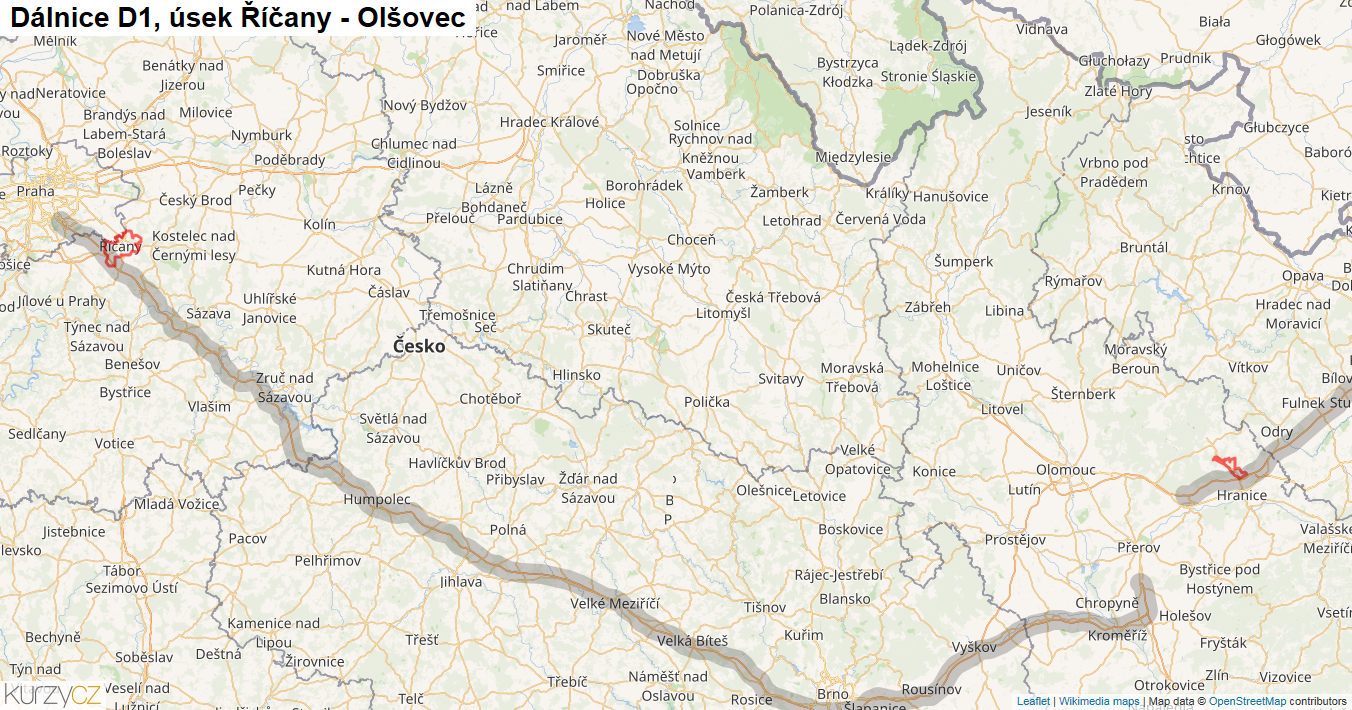 Úsek Říčany - Olšovec, Dálnice D1 - Mapa